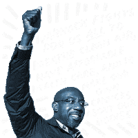 Text gif. Senator Raphael Warnock with a thumbs up high in the air next to a text that reads, "Warnock fights for all to breathe clean air, have affordable healthcare, and to make our own choices about our bodies."