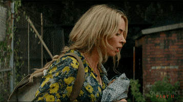 Movie gif. Emily Blunt as Evelyn in A Quiet Place slowly turns to look at something like she's in the beginning of a panic. Text, "Run."