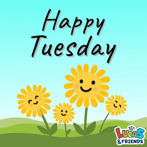 Cartoon gif. Four smiling yellow flowers bounce up and down in a field of green grass on a sunny day. Small hearts emerge from their petals. Text at the top reads, "Happy Tuesday."
