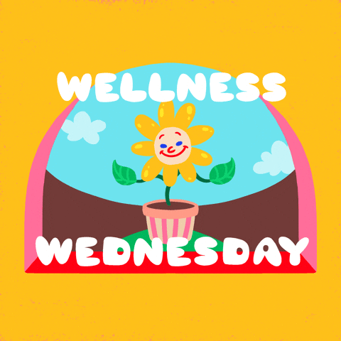 Digital art gif. Smiling yellow flower with green leaves dances in a pot. Text, "Wellness Wednesday" is in white bubble letters.