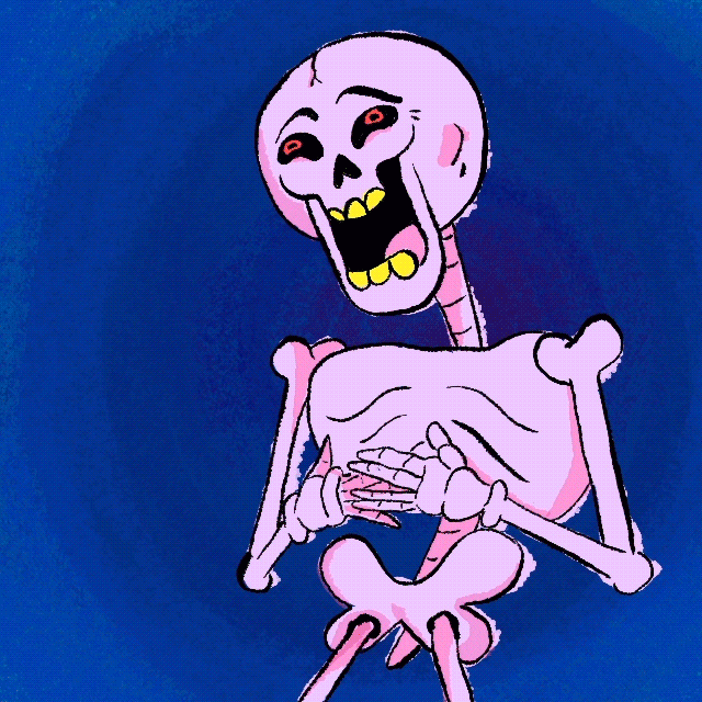 Cartoon gif. A skeleton has its hands to its nonexistent stomach as it laughs boisterously, its round skull and shoulders bouncing up and down. Text reads, "Ha ha ha, that was," and then it cuts to a new screen where a bone drifts into screen along with the word, "Humerus"