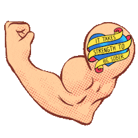 Digital art gif. Animation of a comic book-style arm, flexing its large bicep muscle. On the upper bicep is a colorful heart tattoo with the text, "It takes strength to be sober."