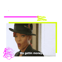 Text gif. The text "Why I'm getting an electric car," emphasized by brightly-colored doodles, then, a frame of Rhianna rubbing her fingers together from her Bitch Better Have My Money music video, saying "We gettin' money!"