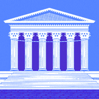 Illustrated gif. The Marble Palace on a cobalt and periwinkle background, a banner unfurls down its columns. Text, "Learn about North Carolina's Supreme Court candidates at guides-dot-vote."
