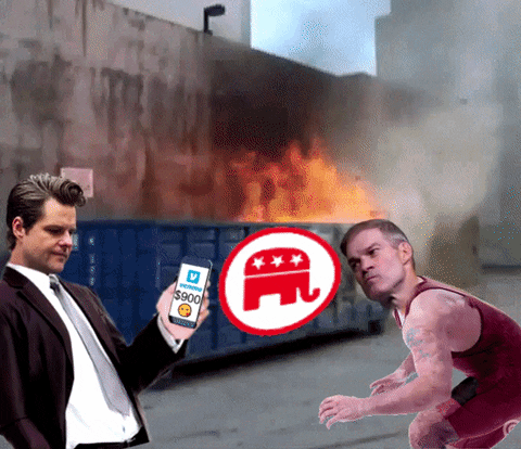 Political gif. Congressman Matt Gaetz holds a phone revealing a $900 Venmo payment as Congressman Jim Jordan creeps toward him wearing a wrestling unitard. In the background, a dumpster fire stamped with a red and white elephant rages as Senator Josh Hawley runs past.
