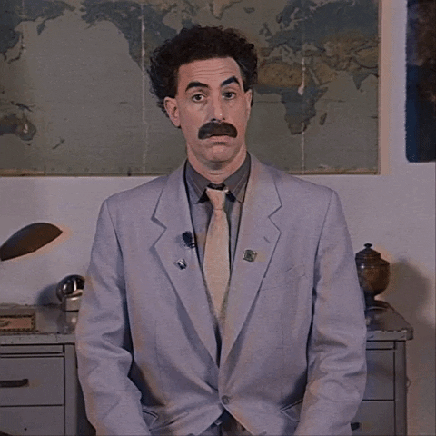 Movie gif. Sacha Baron Cohen as Borat raises his eyebrows and appears mildly confused but agreeable. A word in another language appears as text, but it's subtitled with the English, "nice."