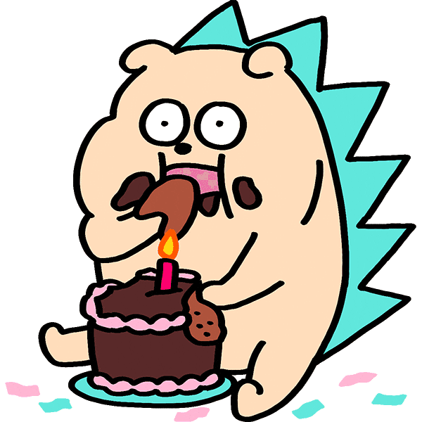 Sticker gif. Cartoon hedgehog eating a chocolate cake adorned with a single candle grabbing mouthfuls with their paws, eyes wide, crazed.