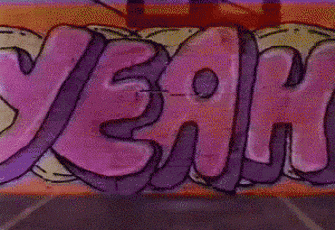 Video gif. Kool Aid Man bursts through a wall with "Yeah" written on it, and runs towards us at full speed. 