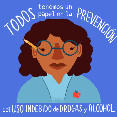 Digital art gif. Different cartoon images of people from the shoulders up cycle through in front of us; woman, men, a doctor and an older woman. Text reads, "Todos tenemos un papel en la prevención del uso indebido de drogas y alcohol," all against a blue background.