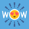 Text gif. Text, “WOW.” The O in WOW is designed with an emoji with hearts for eyes, spinning continuously with exclamation marks.