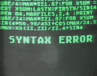 Video gif. Neon green code text on computer screen precedes a blinking phrase, "Syntax error," which is then followed by a scene of a woman swinging a sledgehammer at a computer, causing it to explode.