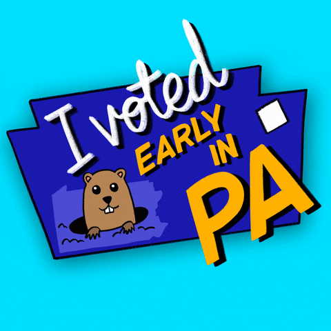Digital art gif. Groundhog pops his head out of a hole over a blue shape of Pennsylvania against a light blue background. A yellow check mark fills in a box next to the text, “I voted early in PA.”