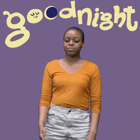 Video gif. Woman signs with fingers to her chin then her hand drawn down to the opposite palm before it abruptly flips and dives forward. She stands in front of a lavender background as she says, "Goodnight," which appears as text with a yawning moon for the letter O.