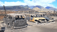 Rainbow Appears Behind Line of Scorched Cars in Maui