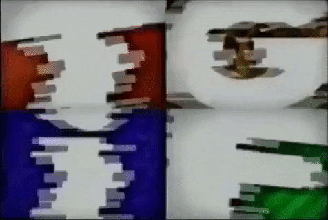 Text gif. From the TV ads of the 1990s, the letters TGIF in big chunky font glitch continuously.