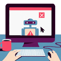 Digital art gif. Hand clicking a mouse in front of a computer monitor closes multiple spam pop-up windows that feature robots and a hooded hacker. Text, “Beware of bots and troll accounts. Always check the source.”