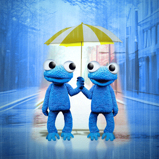 Video gif. Two blue puppets look at each other while they hold an umbrella together and dance in unison as rain falls around them.