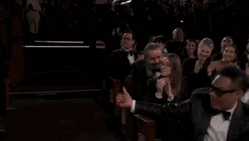 Oscars 2024 gif. Hoyte van Hoytema wins Cinematography for Oppenheimer. He stands from his seat in the audience with a humble smile and claps three times before hugging someone in the crowd. 