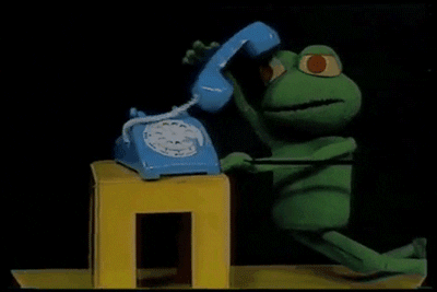 Video gif. A frog puppet holds the receiver of a phone and says, “Help…” Then, he slumps to the floor.