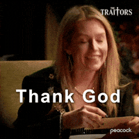 Sponsored gif. Traitors cast member Britney Hayes leans back in her chair and brings both her hands up to her face in relief. Text reads, “Thank god, thank god.”