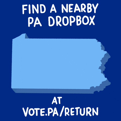 Digital art gif. Blue shape of Pennsylvania fills up with ballot drop boxes against a dark blue background. Text, “Find a nearby PA dropbox at Vote.PA/Return.” 
