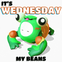Video game gif. Frog from Fall Guys crouches on all fours and smiles. Text, "It's Wednesday, my beans."