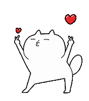 Sticker gif. Sassy white kawaii cat swings its hips, dancing over a transparent background. The cat snaps her fingers over her head as red hearts float away from each snap.