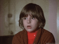 Movie gif. Danny Lloyd as Danny in The Shining looks in horor at something, his eyes and mouth wide, as we move closer to him slowly. 