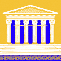 Illustrated gif. The Marble Palace on a yellow and cobalt background, a banner unfurls down its columns. Text, "Learn about Michigan's Supreme Court candidates at guides-dot-vote."