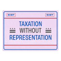 Digital art gif. Illustration of a license plate with the words "Taxation with/without representation" in the middle, the words "with" and "without" spinning interchangeably. There are two stickers in the top right and left hand corners of the plate that say "Fifty-first."