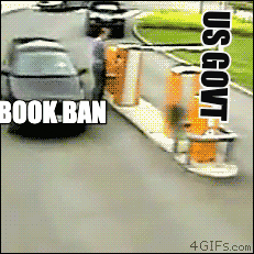 Meme gif. A car moves without incident under a raised arm barrier. As the barrier lowers, a person running across the road tries to avoid another oncoming car and is promptly struck by the barrier. The barrier arm is labeled "U-S government" the first car is labeled "book ban," the person is labeled "gun reform," and the second car is labeled "abortion ban."