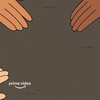 Cartoon gif. Three people reach their hands in for a "go team" moment, and then a dog with its tongue out panting reaches its paw in. 