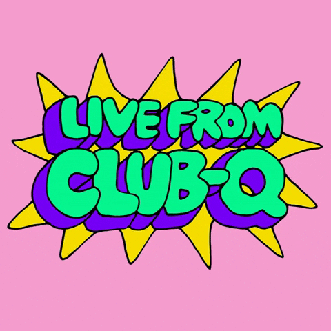 Text gif. Teal bubble text with a purple shadow buzzes against a spinning yellow starburst shape on a pink background, reading, "Live from Club-Q."