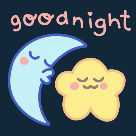 Digital art gif. A drawing of a moon kissing a sleeping star. Text, “goodnight kisses.”