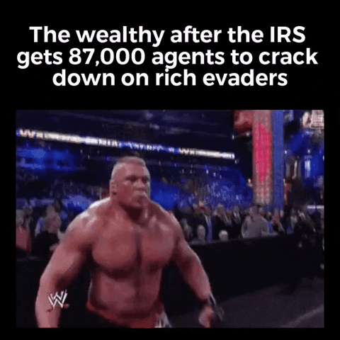 TV gif. WWE star Brock Lesnar flexes all his muscles and yells with rage, shaking his head. Text, “The wealthy after the IRS gets 87,000 agents to crack down on rich evaders.”