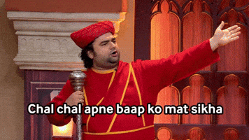TV gif. Kavin Dave on Indian show Case Toh Banta Hai, wearing a red hat and tunic, holding a scepter and waving his hand. Text in Hindi, "Chal chal apne baap ko mat sikha."