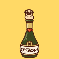 Digital art gif. Pug puppy corking a champagne bottle that reads, “O’ Yas” pops off the top of the bottle as a message appears in the background that reads, “Happy New Year.”