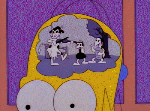 The Simpsons gif. Inside Homer’s head, we see a cow playing a violin, a turtle playing drums on his shell, and a dancing chicken.