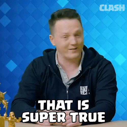 Video gif. A man in a black "Supercell" hoodie sits at a table, speaking to us as he casually points offscreen. Text, "That is super true."