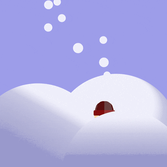 Digital art gif. A snowman is in the middle of huge piles of snow and it bounces up and down lightly as the snow continues to fall.