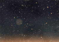Digital art gif. Out of focus snow particles fall gently over a cloudy dark blue to soft orange ombre background.