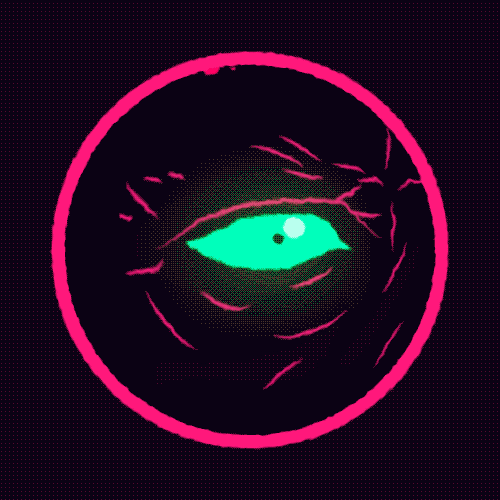 Cartoon gif. A circle contains animation of a creepy monster with green eyes and pink outlines, looking at us, moving back and forth from one eye that widens to the other.