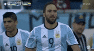 Sports gif. Gonzalo Higuain points at a teammate with both fingers as he walks toward him and then they do a double high-five. Argentina is up one to zero against Venezuela. 