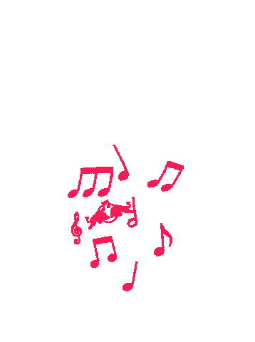 Sticker gif. Various pink musical notes, and the Red Bull logo, float up as a growing mass and then dissolve into pixels.