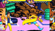 TV gif. A scene from the animated TV show "X-Men 97" shows an 18-bit video game depiction of Jubilee kicking and blasting through several Sentinels in a city alley. The camera pulls out to reveal the scene taking place on a jumbotron as a crowd cheers. 