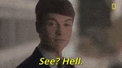 TV gif. John Karna as Marc Andreeson in Valley of the Boom nods and gives a sarcastic smile as he says, "See? Hell," which appears as text.