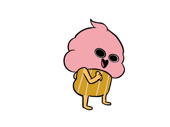 Cartoon gif. A Strawberry ice cream cone with big eyes dances. It moves its arms side to side and squats up and down excitedly. 