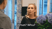 Reality TV gif. Looking shocked, Vicki Gunvalson of Real Housewives of Orange County says, “What? Who?”