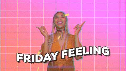 Video gif. Woman shimmies joyfully, smiling and looking up as confetti falls. Wavy text reads "Friday feeling."