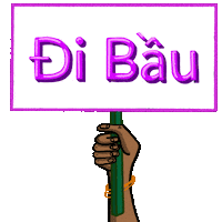 Digital art gif. Hand with medium-tone skin wearing gold bracelets waves a sign up and down against a transparent background. The sign reads “Go Vote” in Vietnamese.